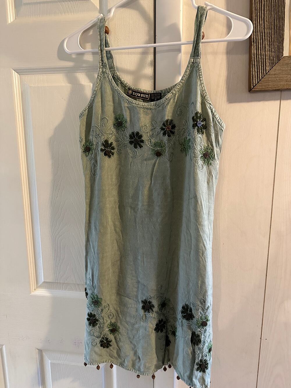 Raya Sun Vintage Boho Embroidered Mini Dress Size S Green Floral Beaded Fringe